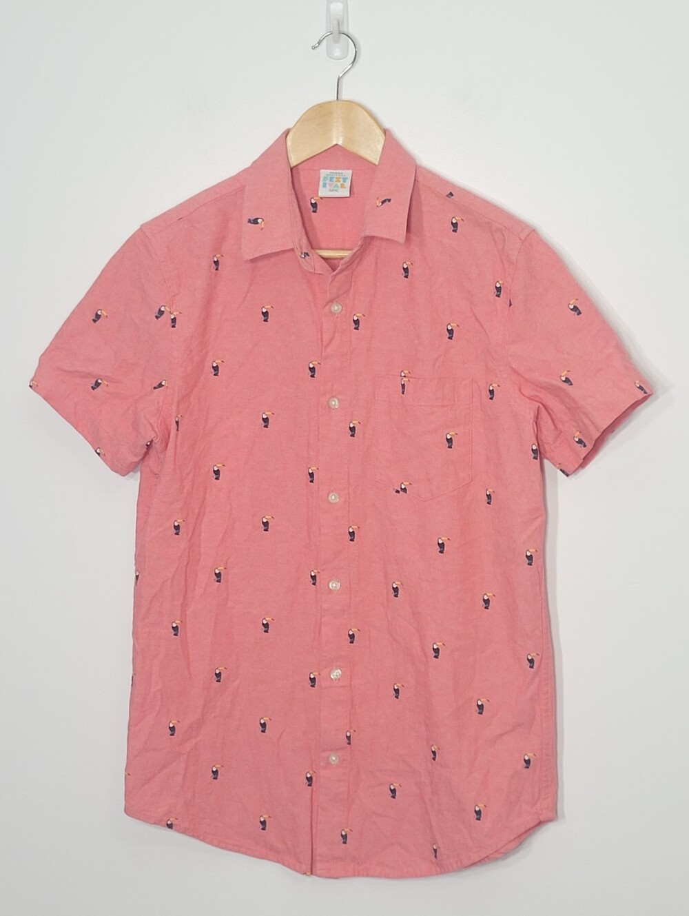 Urban Heritage Pink Salmon 100% Cotton Toucans Prints Button Down Short Sleeve